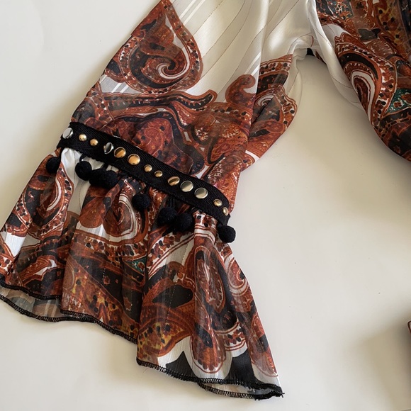 Luxe Moda boho tassel fringe V neck studded embroidered tunic blouse size S - Picture 7 of 12